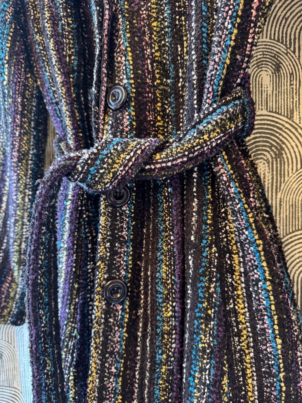 Daisy Black Multi-Color Metallic-Stripe Belted Knit Coat - Picture 3 of 5
